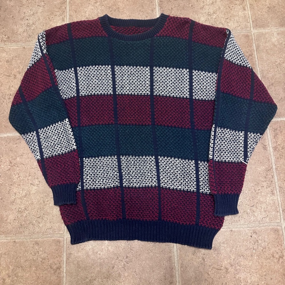 Vintage Crewneck Sweater Mens XL Multi Color Good Grid Knit Colorblock Retro